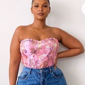 Pretty Little Things Pink Floral Brocade Bustier Corset Top w MEASUREMENTS